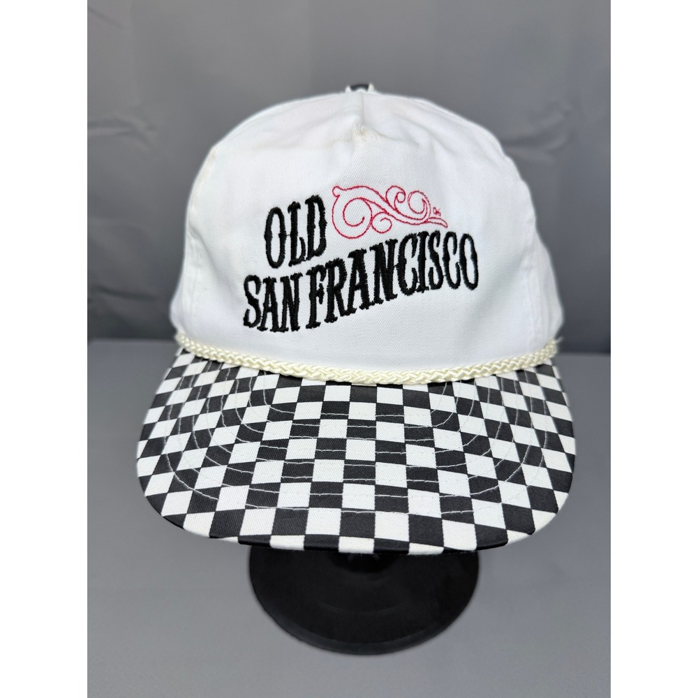 Vintage Nissin Old San Francisco Checkered Rope Snapback Hat White Black
